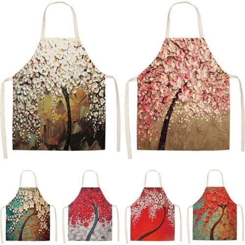 1Pcs Flower Tree Printed Cotton Linen Sleeveless Aprons Home Cleaning Kitchen Cooking Baking Apron For Women 53*65cm WQ0008