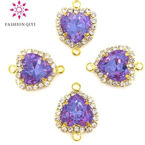 12mm Crystal violet heart shape gold base double loop Crystal button flatback Glass sew on rhinestones diy wedding decoration