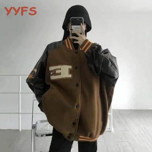 Oversized Baseball Jacket Women Harajuku Streetwear PU Leather Contrast Hip Hop Mens Casual Coat 2021 Autumn College Tops