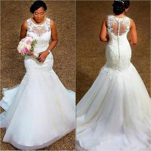 Elegant Vintage Mermaid Wedding Dresses Sheer Neck Appliques Lace Tulle Plus Size Wed Dress African Bridal Gowns Illusion Back