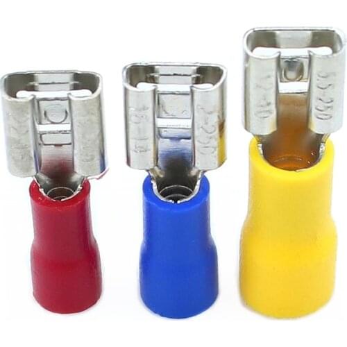 FDD2-250 100PCS/Pack red and yellow blue Female Insulated Electrical Crimp Terminal for 1.5-2.5mm2 Connectors Cable Wire Con