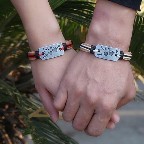 Trendy heart Leather rope woven couple Bracelets & Bangles for man woman Charm Wristband lover Jewelry Gift