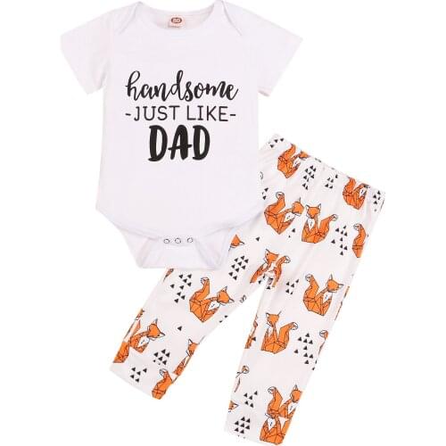 2Pcs Toddler Summer Outfits, Letter Print Short Sleeves Romper + Fox Print Long Pants for Baby Boys, 0-24 Months
