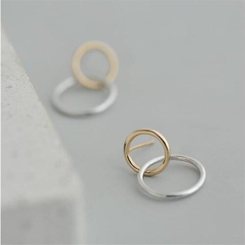 Korean INS Fashion Crossed Circles Minimalist Golden Stud Earrings for Women All-matched Female Mujer 925 Silver Jewelry SE147