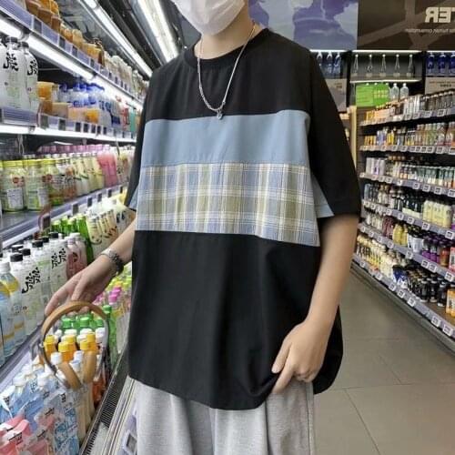 2021 Men T Shirt Oversized Short Sleeve O Neck Patchwork Korean Fashion Harajuku Streetwear Funny Hip Pop Men Clothing Vintage