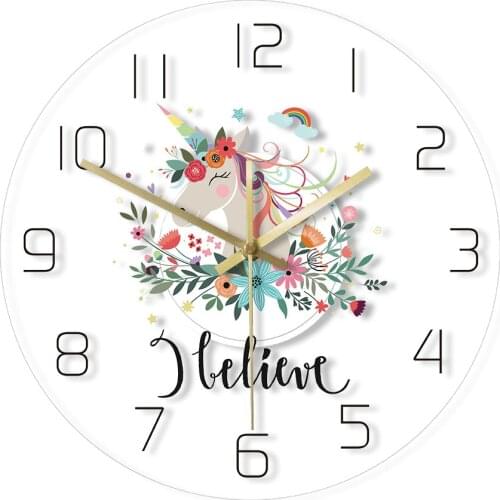 I Believe Rainbow Unicorn With Flower Crown Watercolour Wall Clock Print Nursery Wall Art Slient Quartz Saat Girl Room Decor