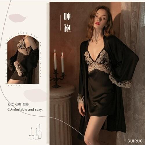 New Womens Sexy Bathrobe suit (Robe+braces skirt+T-Underpants)Lace nightdress night-robe satin face Sexy lingerie home clothing