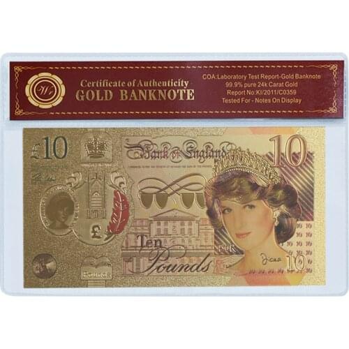 WR Festival Gifts Diana Princess 24k Gold Plated Foil Banknote with COA Frame England 10 Pounds Golden Banknote for Souvenir