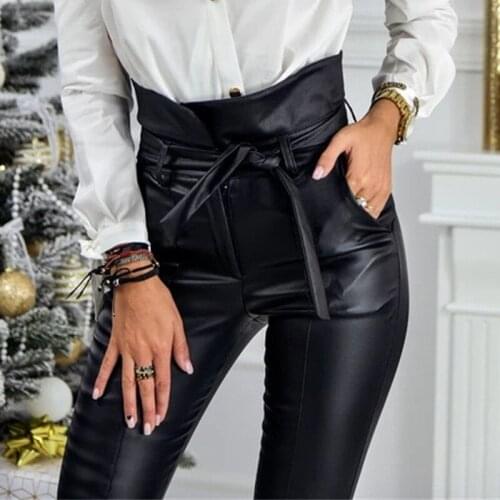 S-XL Gold Black Belt High Waist Pencil Pant Women Faux Leather PU Sashes Long Trousers Casual Sexy Exclusive Design Fashion