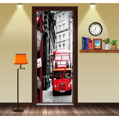 Hong Kong Retro Bus 3D Stickers on the doors Self Adhesive PVC Wallpaper For Door Bedroom Entrance Decorative Mural Renovation