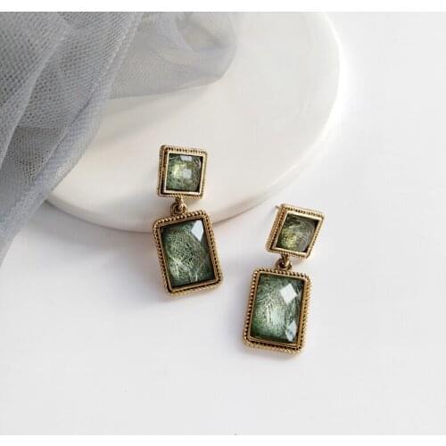 S925 Silvery Needle Square Silk Ear Pendant Retro Temperament Simple Green Color Non-Mainstream Earrings Female Wholesale