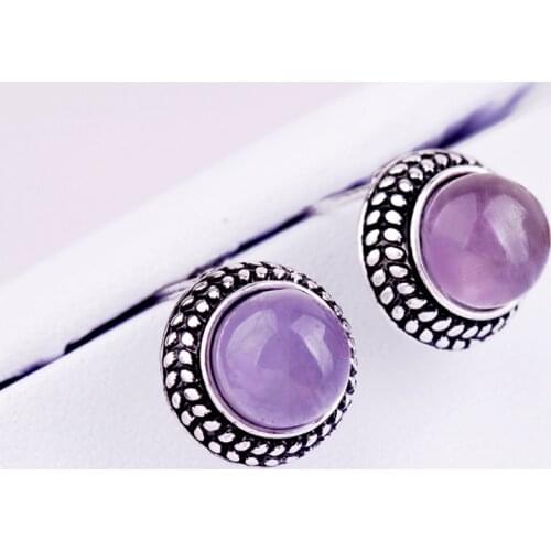 Natural Amethysts Round Beads Earrings Woman Antique Silver Plated Purple Stone Earrings With Silvers Ear Nail Classic Jewelry