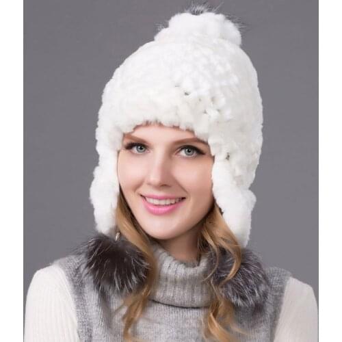 Natural Rex Rabbit Fur Hats & Caps Female Warm Knitted Earmuffs Autumn and Winter Womens Casual Fur Hooded Hat Party Hat