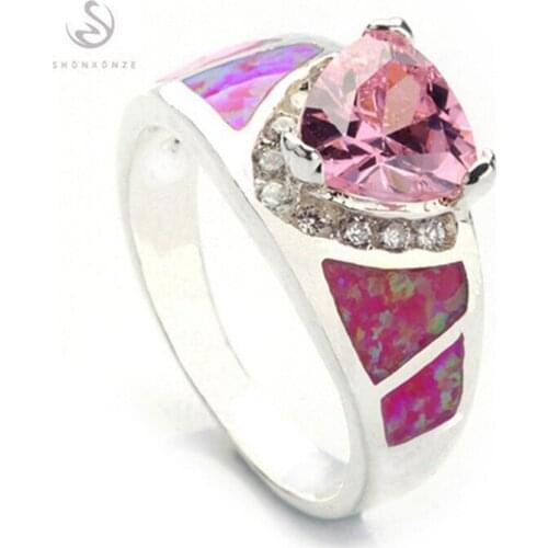 SHUNXUNZE Big Wedding rings jewelry for women dropshipping Pink opal and Pink Cubic Zirconia Rhodium Plated R341 size 6 7 8 9 10