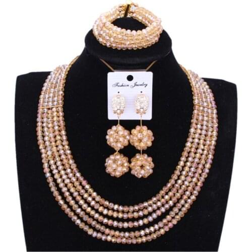Wedding Jewellery Set Bridal Jewelry Gold Champagne African Nigerian Jewelry Beads Set 3 Pieces Necklace Bracelet Earrings New