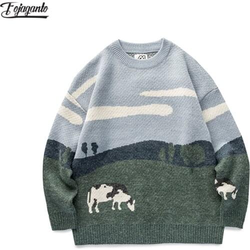 FOJAGANTO Men Cows Vintage Winter Sweaters Pullover O-Neck Korean Fashions Men and Women Casual Sweater