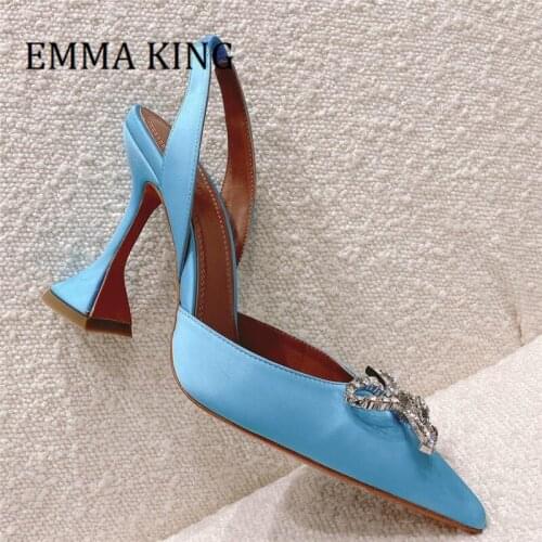 Spring Autumn Women Slingback Pumps Rhinestones Bowtie Satin Wine Glass High Heels Pointed Toe Dress Shoes Zapatos De Mujer 2021