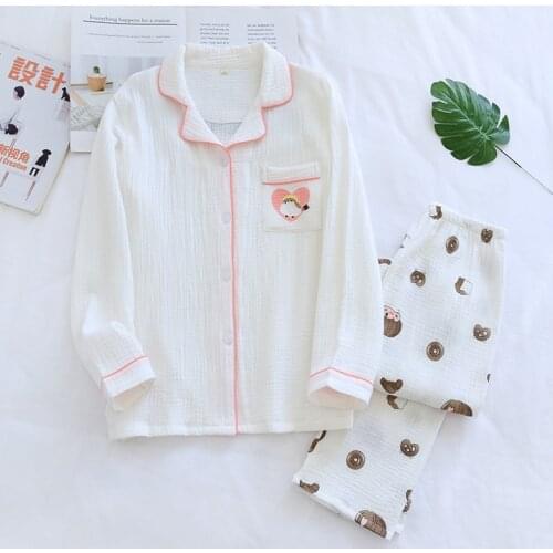Spring 100% Cotton Gauze Pajamas Long Sleeve Trousers Sleepwear Women White Home Wear Cartoon Lapel Pijamas 2 Piece Lounge Wear