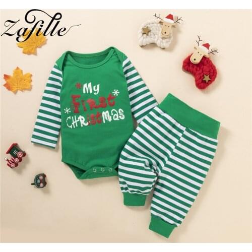 ZAFILLE My First Christmas Baby Clothes Set Letter Bodysuit+Striped Pants Party New Years Christmas Costume For Babies Clothes