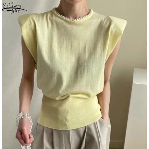 Korean O Neck Short Sleeve Loose Slim Blouse Women Summer Beaded Knitted Tops Tees 2021 Fashion Elegant Hollow Shirts Tops 15286