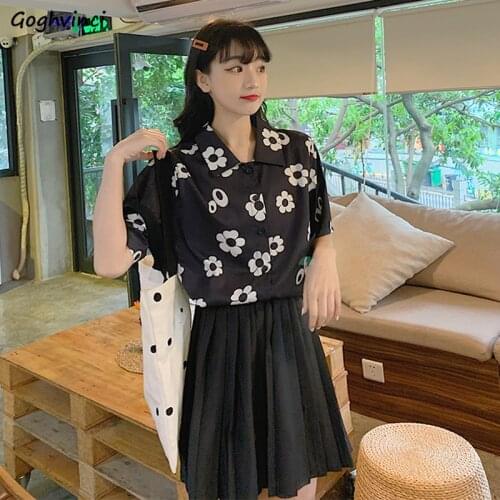 Women Sets Summer Black Short Sleeve Floral Shirts Mini Pleated Skirts College Korean Style Fashion Two Piece Femme Slim Stylish