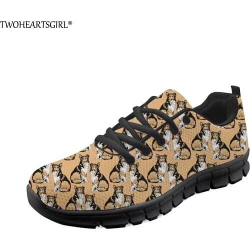 Twoheartsgirl Kawaii Women Flats Stylish Dog Collie Printed Women Sneakers Breathable Casual Ladies Mesh Walking Shoes Plus