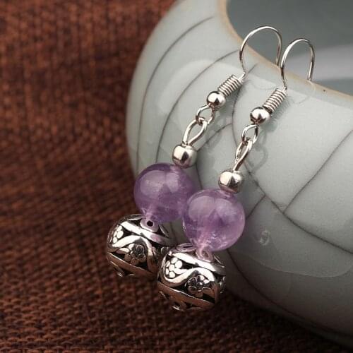 New Summer fashion metal ball dangle earrings for women , vintage jewelry purple nature stones ethnic earrings