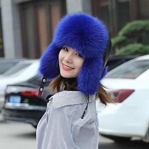 12 Colors Winter Fox Fur Bomber Hats Men Women Thick Warm Outdoors Windproof Earmuff Caps Fluffy Ball Sheepskin Waterproof Cloth
