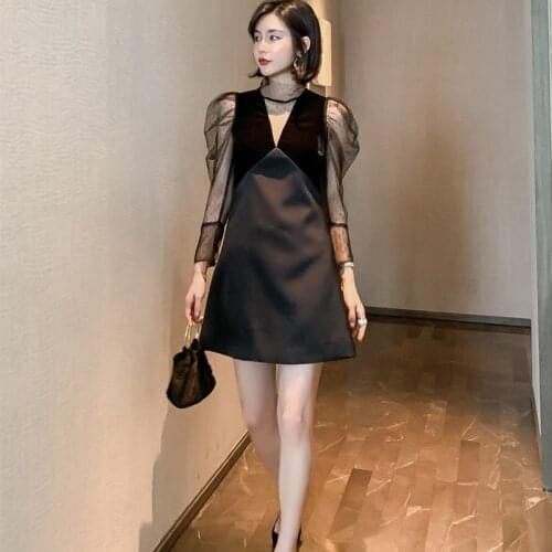 2021Fashion OL Ladies Stand Collar Sexy Black Elegant Mesh Dress Women Casual Long Sleeve Slim Evening Party Dress