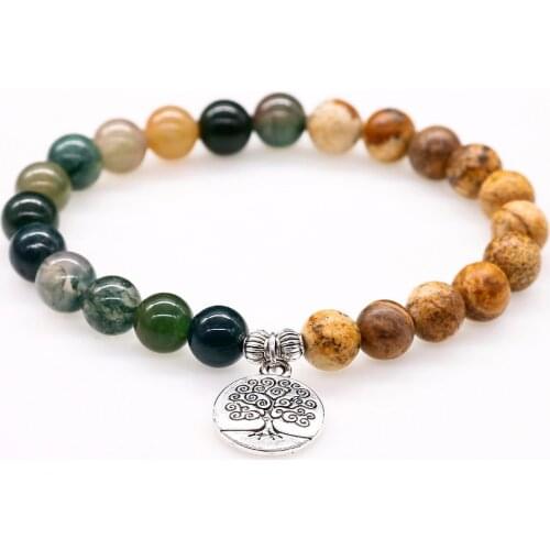 8mm Picture Stone With Indian Onyx Mala Meditation Bracelets Tree of Life Pendnen Chakra Stone Beads Women and Men