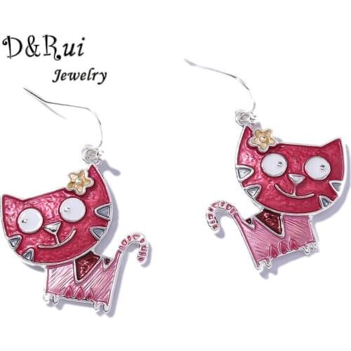 D&Rui Jewelry Cute Enamel Cat Drop Earrings for Women Teen Girls Dress Female Trendy Hanging Dangle Earrings Earring Animal Gift