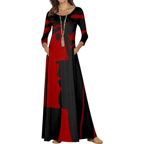 Elegant Women O Neck Abstract Print Long Dresses Ladies Long Sleeve Pocket Party Dresses Spring Autumn Plus Size A-Line Dress