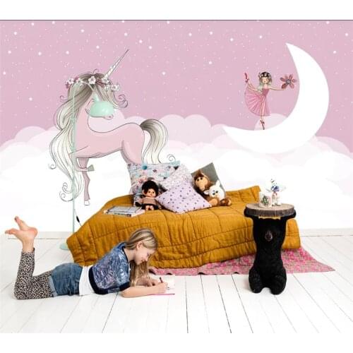 Customized wallpaper 3d Nordic modern hand-painted pink unicorn moon girl stars white clouds childrens room TV background wall
