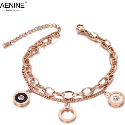AENINE Trendy Double Layers CZ Roman Numerals Bracelet Bangle For Women Stainless Steel Link Chain Bohemia Beach Jewelry AB19088