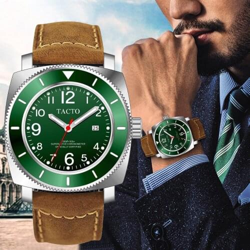 New Tacto Mens Watch Top Brand Luxury gmt watch men High Quality Steel Case Leather Strap Quartz Watches for men 50m Waterproof