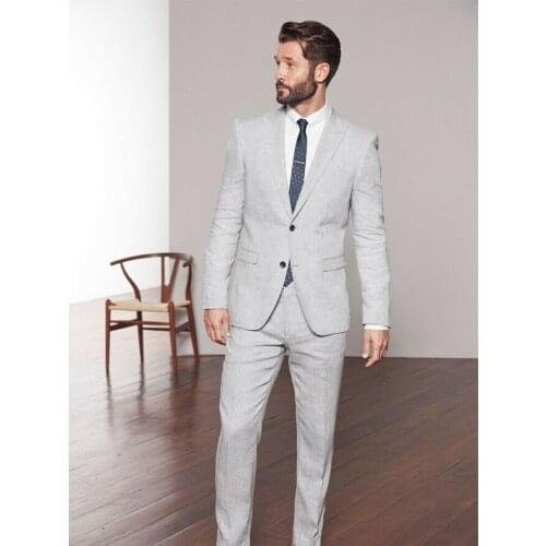 ANNIEBRITNEY Light Grey Slim Fit Linen 2 Piece Men Suit 2020 Summer Beach Linen Groom Wedding Tuxedo Custom Prom Wedding Suit