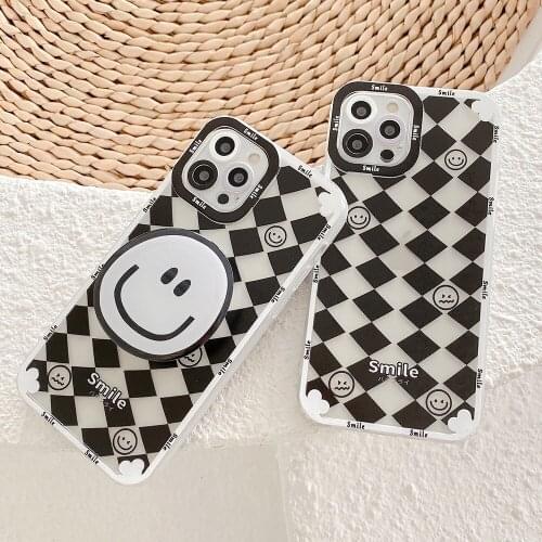 Cute Geometry lattice Smiley Bracket Grip Phone Case For iPhone 11 Pro Max 12 Pro X XS XR 7Plus 8Plus Shockproof Soft TPU Cover
