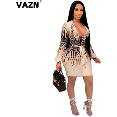 VAZN 2020 New Plus Size Mature Age Overalls Lace Up Top Elegant Sexy Style Full Sleeve Women High Waist Thin Mini Dress