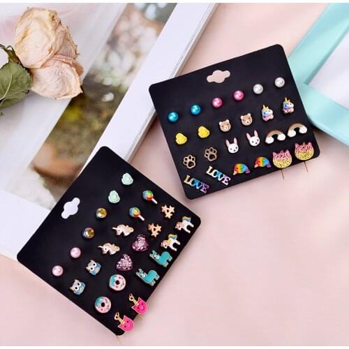 New Arrivals Cute Women Girls Earring Set 12/24PRS/SET Mixed Unicorn Rabbit Animals Pearl Crystals Heart Star Stud Earrings Gift