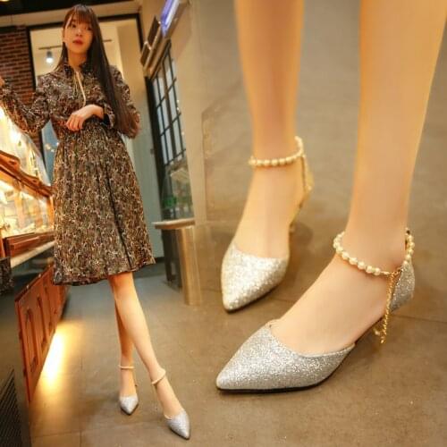 Comemore 2021 Sexy Pointed Toe Pearl High Heels Shoes Female Fashion Hollow with Sandals Pearl Thin Breathable Shoes Women Pumps