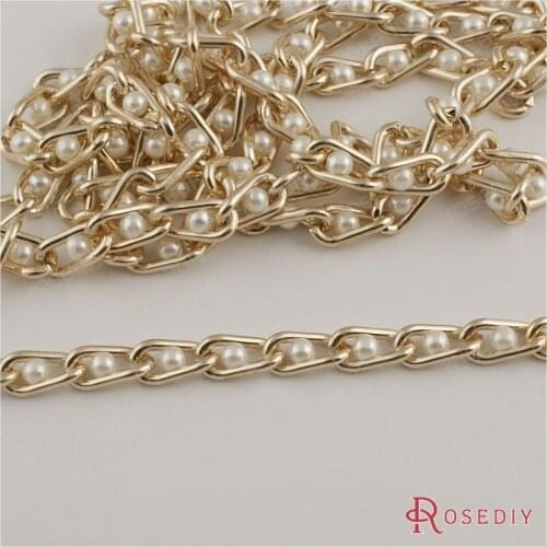 Wholesale Width 6mm Champagne Gold color Aluminum Twisted Chains with 4mm Round White Pearl beads Diy Findings 5 Meter(JM7764)