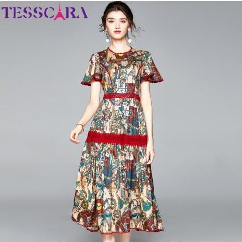 TESSCARA Women Elegant Print Dress Festa High Quality Long Vintage Party Robe Femme Fashion Lace Designer A-Line Vestidos
