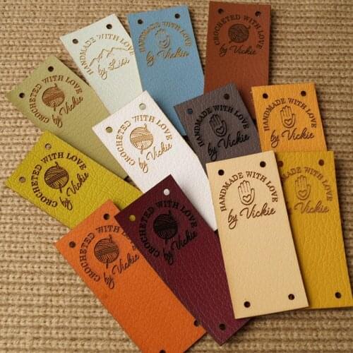 Customize 30PCS ADD LOGO Faux Leather labels Rectangle, Product Wool Heart handmade items, Tags Knitting, Crochet Product Tags
