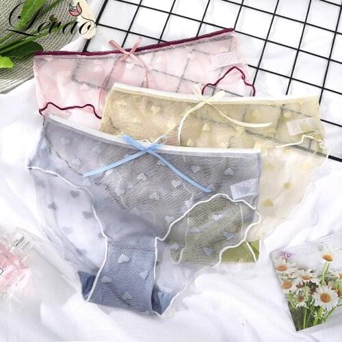 LEVAO Women Sexy Lace Underwear Ruffle Panties Japanese Lolita Style Transparent Seersucker Lingerie Bow Heart Embroidery Briefs