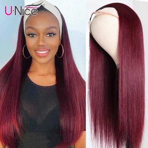 UNice Headband Wig Colored Hair with Baby Hair Ombre 99j Wine Red Color Straight Human Hair Headband Wig With Black Roots