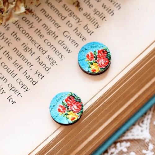 Unique 3D Flower Embossed 16mm Round Coloured Drawing pattern Laser Cut wood Cabochon DIY for Rings, Earring,Brooch,Necklace-327