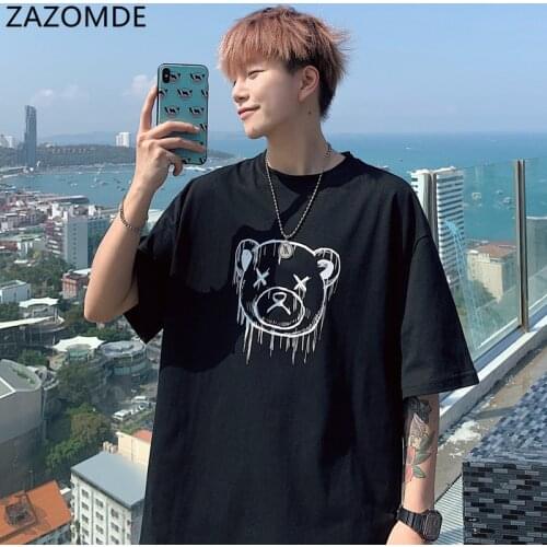 ZAZOMDE Vintage Cartoon Bear T Shirts Funny Summer Oversized Men Harajuku Round Neck Short Sleeve Streewear Tee Shirt 5 Colors
