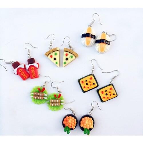 Japanese Harajuku Sushi Pizza Drop Earrings Resin Cute Cartoon Food Jewelry Fashion Vacation Earrings New Year Gifts