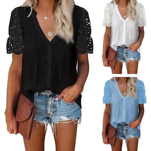Womens Lace Crochet V-Neck Round Hole Shirt Loose Casual Top Solid Color Button Hollow Shirt Top Spring/Summer