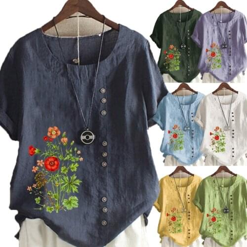 Womens New Fashion Summer Floral Printed Round Neck Short Sleeve T-shirt Casual Loose Solid Color Blouse Tops Plus Size